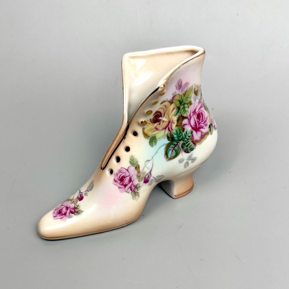 Porcelain Victorian Style Floral Shoe Boot with Gold Accents
